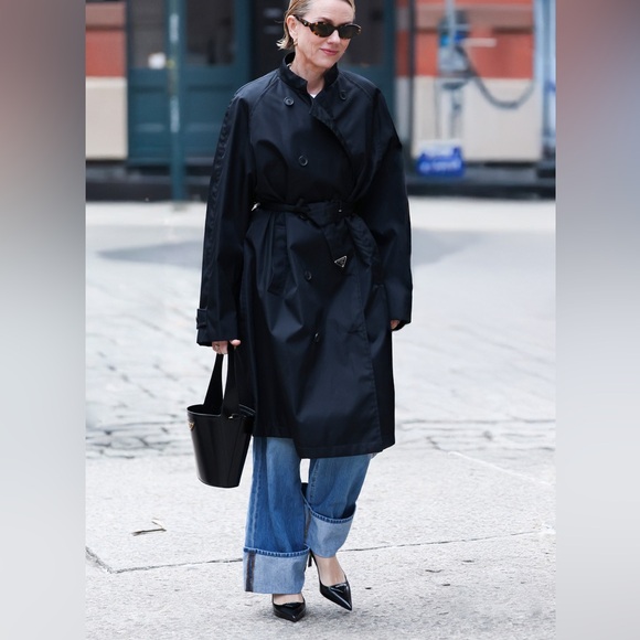 Prada Black Re Nylon long Trench Coat with triangle logo belt size